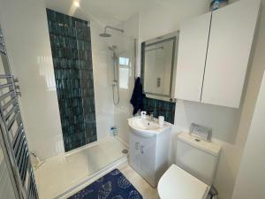 伯恩茅斯The Blue Crab in Bournemouth的浴室配有卫生间、淋浴和盥洗盆。