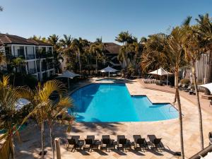 黄金海岸黄金海岸美居度假酒店的一个带椅子和棕榈树的大型游泳池