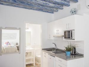 科尔多瓦La Casa de la Costurera的白色的厨房配有水槽和微波炉