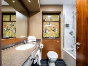 切辛顿切辛顿酒店的一间带水槽和卫生间的浴室以及窗户。