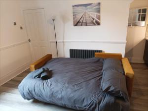 莫珀斯The Snug Centre of Morpeth的卧室里的一张床铺,上面放着一只猫