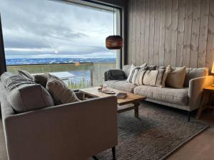 哈山Hafjell - Penthouse - ski in/out的带沙发和桌子的客厅以及大窗户。