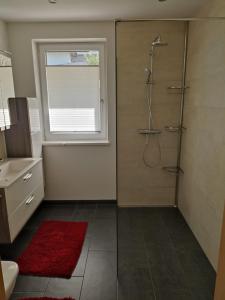 乌姆豪森Apart ban Voltas的带淋浴的浴室,配有窗户和红色地毯