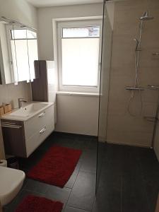乌姆豪森Apart ban Voltas的带淋浴和盥洗盆的浴室以及窗户。