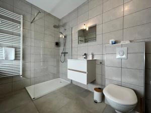 泰昂维Lumineux Apt 1BR Type Loft Proche Centre的浴室配有卫生间、盥洗盆和淋浴。