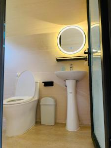 河内Xuhao Homestay的一间带水槽、卫生间和镜子的浴室