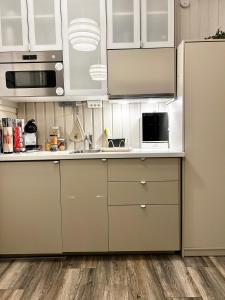 厄勒布鲁Lilla huset Bed & Breakfast - gästhus 1-3 personer och egen parkering的厨房配有白色橱柜和冰箱。