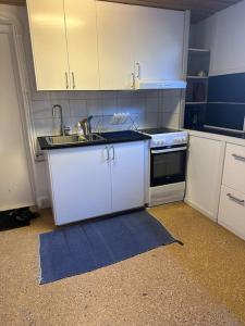 胡丁厄B & E Apartment的厨房配有白色橱柜、水槽和炉灶。