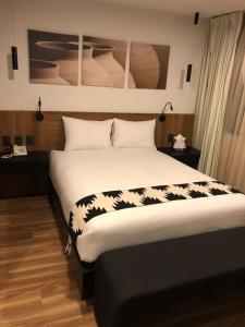底拉斯卡拉Casa Tlaxcalli by Beddo Hoteles的一间卧室配有一张大床,铺有黑白床单。