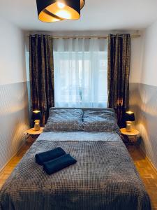 华沙ClickTheFlat Solidarności City Center Apart Rooms的一间卧室配有一张带两盏灯的床和一扇窗户。
