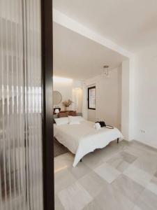 塞维利亚Antigua Casa Hermandad的一间白色客房内配有一张大床的卧室