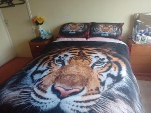 卡迪夫216 GLYN EIDDEW (IVY VALE)的一张床上挂着一幅虎画的床铺