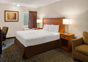 罗缪勒斯Magnuson Hotel Detroit Metro Airport的酒店客房带一张大床和一把椅子