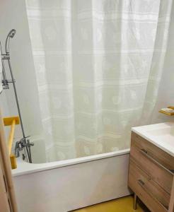 圣雷热雷梅累兹Studio confortable et chaleureux, vue magnifique的浴室配有淋浴帘和盥洗盆。
