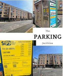 伯明翰Perfect-City Centre-Apartment的两张停车标志和建筑物的照片