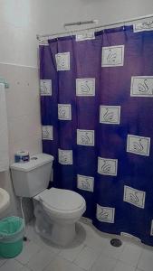 卡塔赫纳Hotel Rosandy Galaxy的浴室配有卫生间和紫色的浴帘