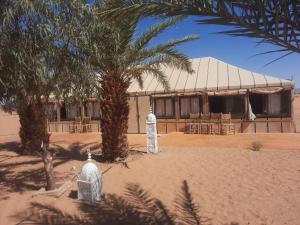 Adrouinedesert camp的沙漠中的一座棕榈树建筑