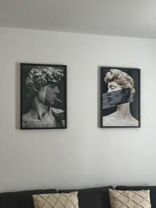 布拉索夫KOA - Davino Aparthotel的墙上一幅雕像的三幅照片