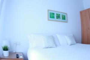 毕尔巴鄂苏维亚城市客房旅馆的卧室配有一张白色的床,上面有一张图画