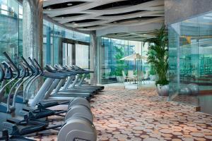 北京北京海淀永泰福朋喜来登酒店的大楼内带有一排跑步机的健身房