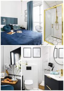 华沙Luxury Design Apartments - Warsaw Tower Bliska Wola的浴室和卧室的照片拼在一起