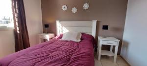 科尔多瓦Casa Pascal, Bº Villa Belgrano的一间卧室配有一张带紫色床单的床和2个床头柜。
