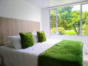 波哥大FEDERMAN PARK HOTEl的一间卧室配有一张带绿色枕头的床和一扇窗户