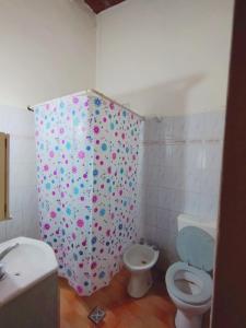 Las HerasBACANO hostel的一间带卫生间和淋浴帘的浴室