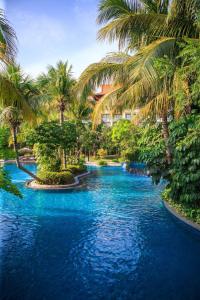 三亚三亚海棠湾万丽度假酒店的棕榈树和蓝色海水游泳池