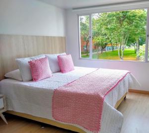 波哥大FEDERMAN PARK HOTEl的一间卧室配有带粉红色枕头的床和窗户。