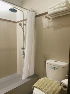 碧瑶Soleo Inn的浴室配有淋浴和带浴帘的卫生间。