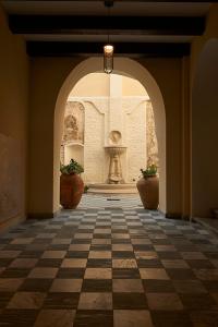 拉默齐亚泰尔默Relais - Palazzo Greco Stella的建筑物内有喷泉的空走廊
