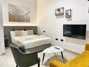 马拉加Tennessee Urban Suites的一间卧室配有一张床、一台电视和一张沙发