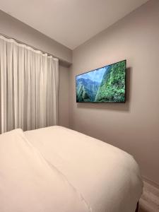 伊斯坦布尔Galata Inn Hotel的卧室配有壁挂式平面电视。