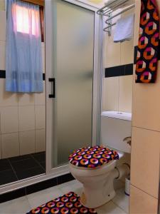 恩德培Airport Link Guest House的浴室配有淋浴和带彩色座椅的卫生间。
