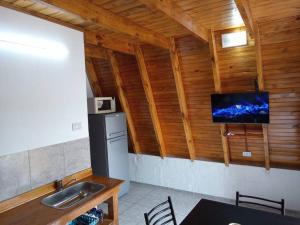 圣奥古斯汀镇Amancay Cabaña alpina en Valle Fértil的一个带水槽的厨房和墙上的电视