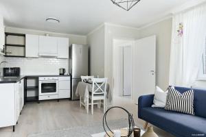 斯德哥尔摩Charming apartment in a red house in Stockholm的厨房以及带蓝色沙发的起居室。