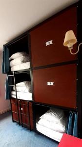 图卢兹Hostel Toulouse Wilson的客房配有带枕头的双层床。