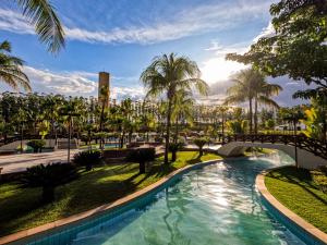 林斯Blue Tree Thermas de Lins Resort的一座公园内的游泳池,公园内有一座桥梁和棕榈树