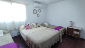 波萨达斯Casa para 6 y 1 garaje - Yerutí的客房设有两张床、一张桌子和一扇窗户。