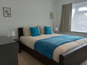 比斯特3BR House with garden near Bicester Village的一间卧室配有一张带蓝色枕头的床和一扇窗户。