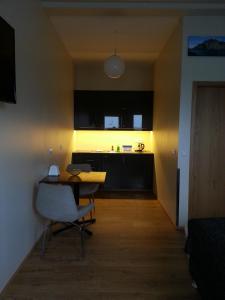霍芬迪玛一室公寓公寓式酒店的一间带桌子的客厅和一间厨房