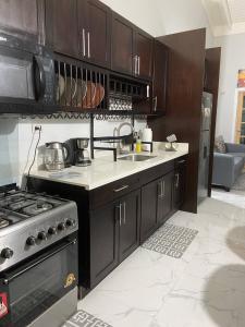 曼米湾MBS Travel Holistic Guest House的厨房配有黑色橱柜、水槽和炉灶。