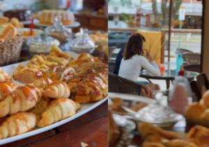 曼加拉蒂巴Pousada Lisamar的两张自助餐的照片,包括面包和糕点
