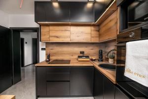 科普里夫尼察Lotus Wellness & spa apartman的一个带木制橱柜和水槽的厨房