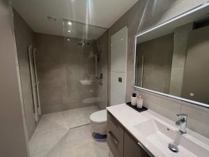 斯沃尔韦尔Luxury penthouse apt with amazing views的一间带水槽、卫生间和镜子的浴室