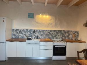 TabayescoFinca Petite Vineyard的厨房配有白色橱柜和炉灶烤箱。