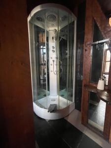 瓦尔帕莱索PazZHOtel的客房内的大型玻璃淋浴间