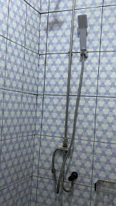 雅温得PEACE GUEST HOUSE的浴室铺有蓝色和白色瓷砖,设有淋浴。