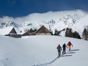 上陶恩Flat in Hohentauern near the ski area的三人在雪覆盖的山上越野滑雪
